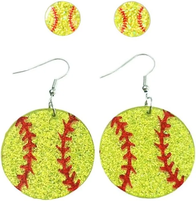 2 Pairs Glitter Acrylic Sport Ball Earrings Set for Women Baseball Basketball Soccer Stud Dangle Earrings Sport Ball Jewelry for Baseball Sport Fan Jewelry Gift