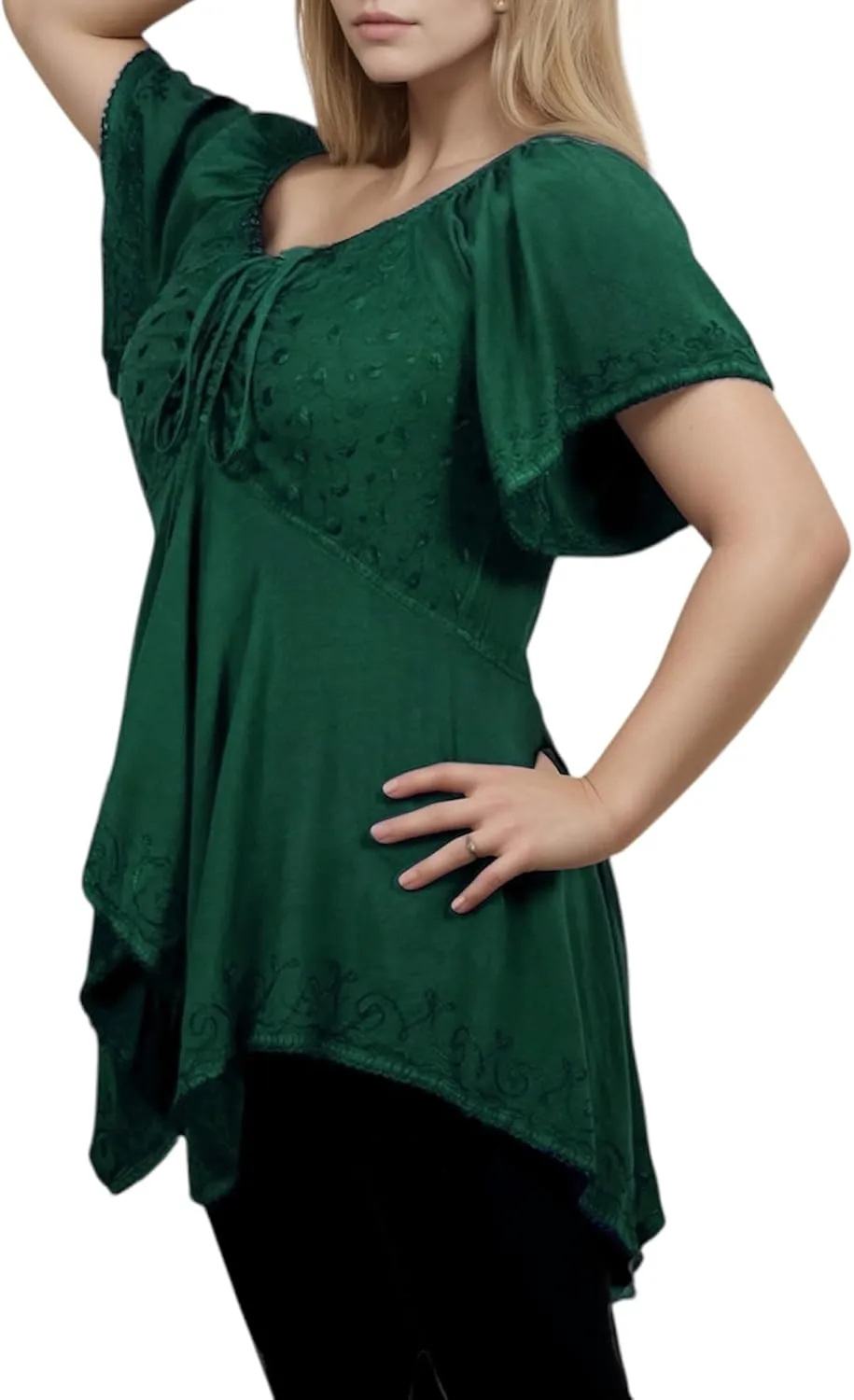 Agan Traders 2025 Summer Asymmetrical Handkerchief Diamond Neck Embroidered Tops - Empire Waist Cap Sleeve Women's Blouse