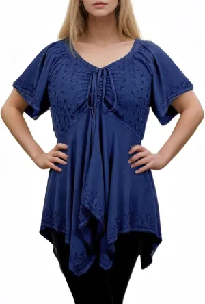 Agan Traders 2025 Summer Asymmetrical Handkerchief Diamond Neck Embroidered Tops - Empire Waist Cap Sleeve Women's Blouse