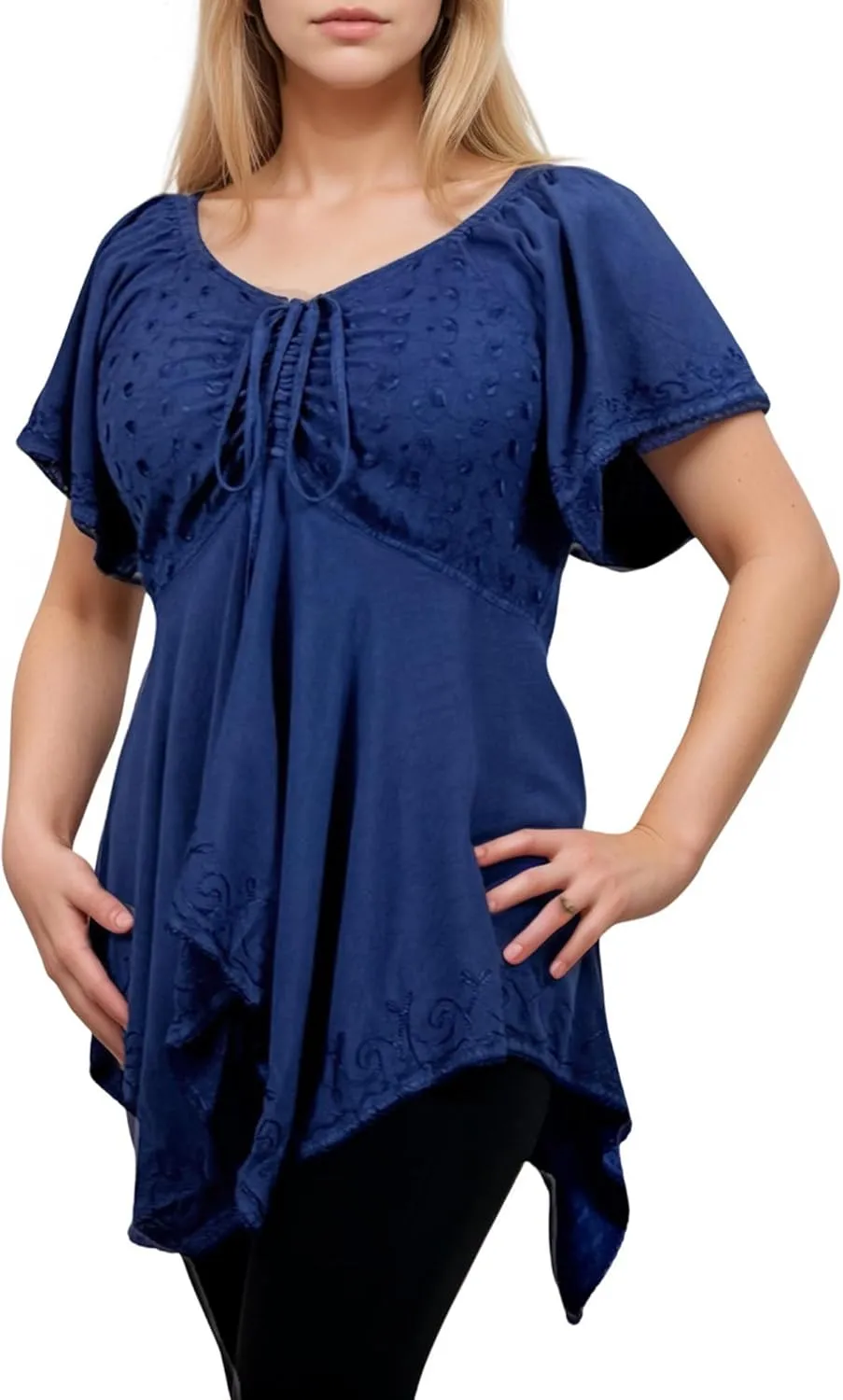 Agan Traders 2025 Summer Asymmetrical Handkerchief Diamond Neck Embroidered Tops - Empire Waist Cap Sleeve Women's Blouse