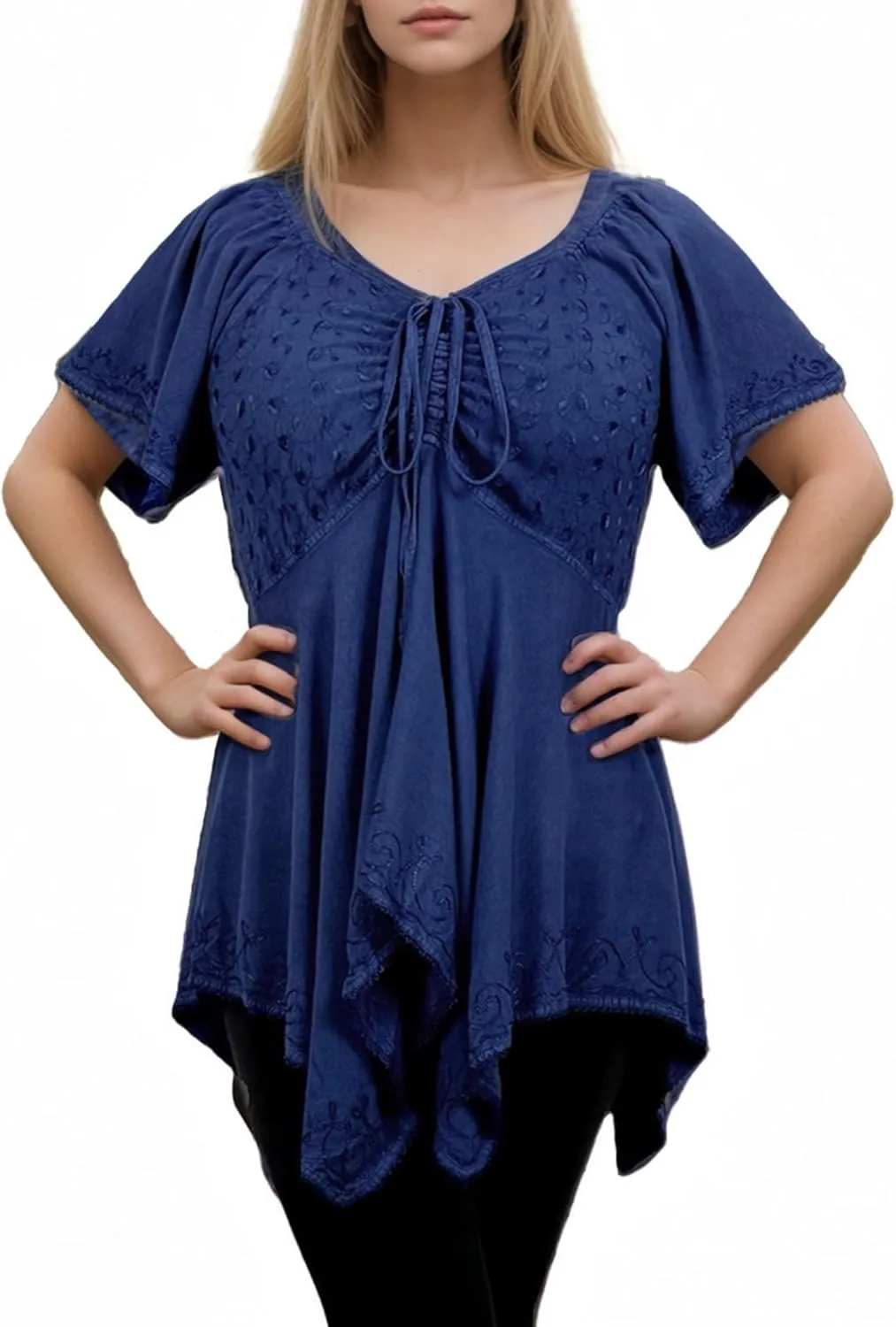 Agan Traders 2025 Summer Asymmetrical Handkerchief Diamond Neck Embroidered Tops - Empire Waist Cap Sleeve Women's Blouse