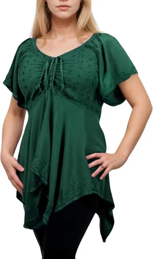 Agan Traders 2025 Summer Asymmetrical Handkerchief Diamond Neck Embroidered Tops - Empire Waist Cap Sleeve Women's Blouse