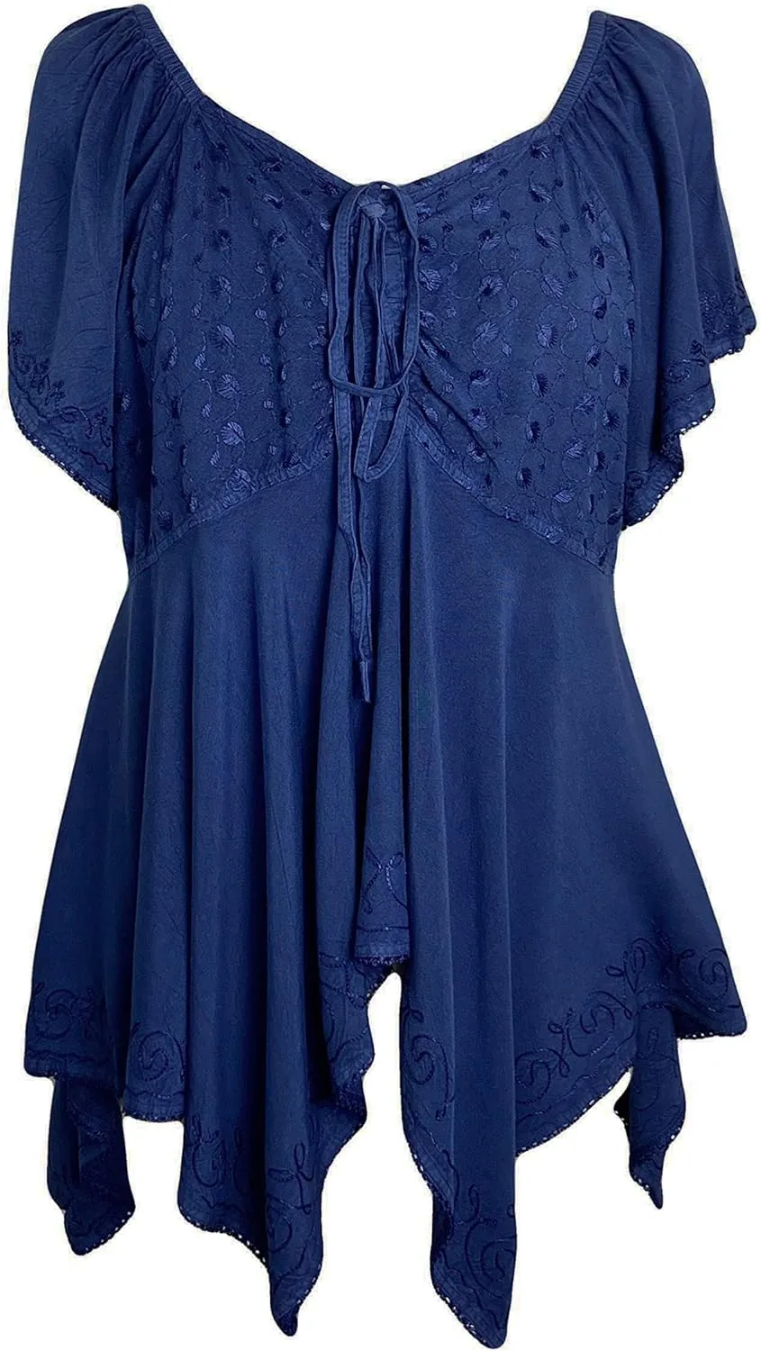Agan Traders 2025 Summer Asymmetrical Handkerchief Diamond Neck Embroidered Tops - Empire Waist Cap Sleeve Women's Blouse