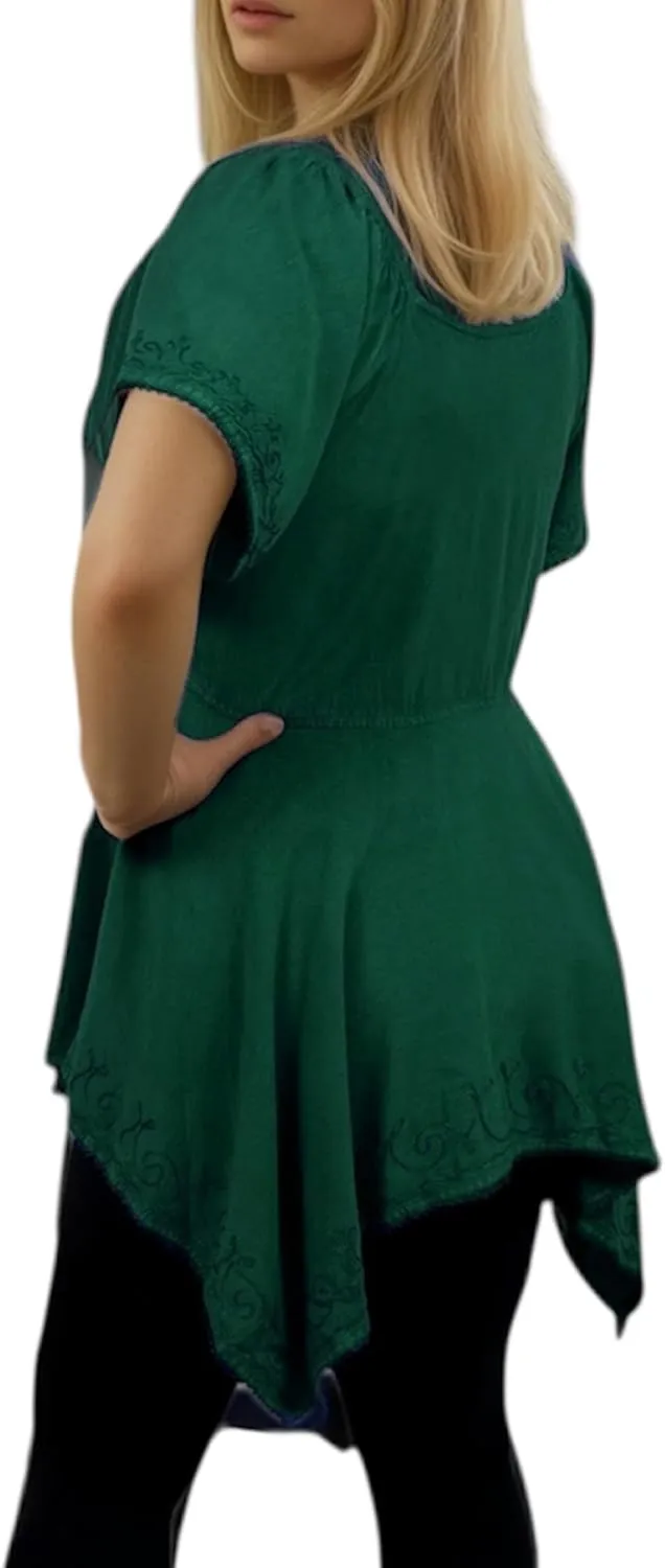 Agan Traders 2025 Summer Asymmetrical Handkerchief Diamond Neck Embroidered Tops - Empire Waist Cap Sleeve Women's Blouse