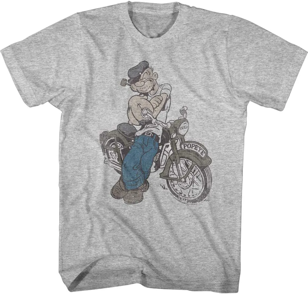 American Classics Popeye The Sailor Man Cartoon in Front of Motorcycle Sketch Adult Short Sleeve Graphic T-Shirt - Gray, 2XL