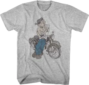 American Classics Popeye The Sailor Man Cartoon in Front of Motorcycle Sketch Adult Short Sleeve Graphic T-Shirt - Gray, 2XL