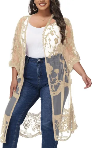 Anna-Kaci Women's Plus Size Lace Cardigan Embroidered Long Kimono Dusters with Half Sleeves