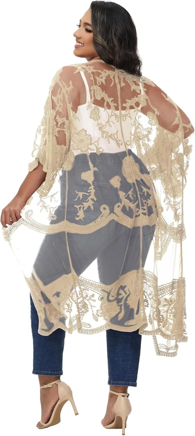 Anna-Kaci Women's Plus Size Lace Cardigan Embroidered Long Kimono Dusters with Half Sleeves