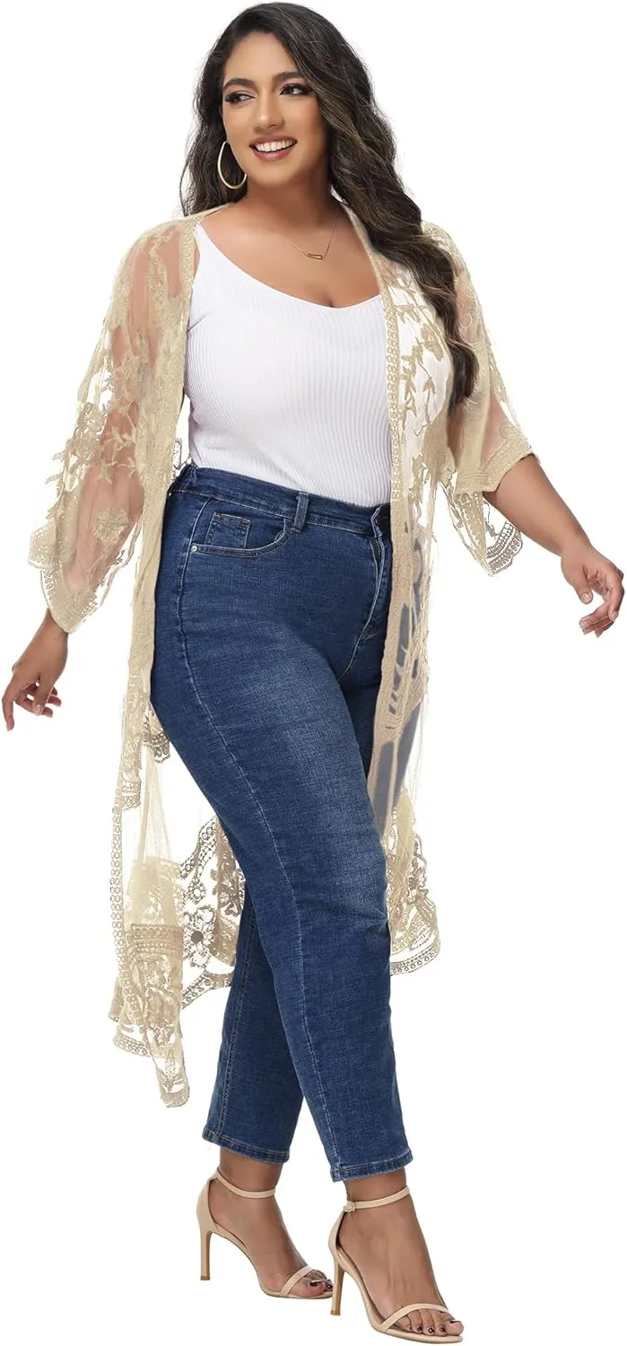 Anna-Kaci Women's Plus Size Lace Cardigan Embroidered Long Kimono Dusters with Half Sleeves