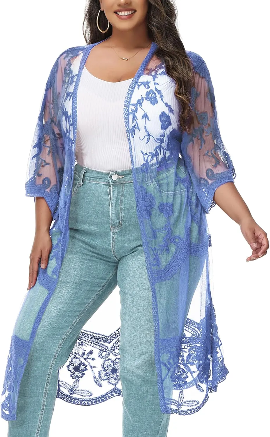 Anna-Kaci Women's Plus Size Lace Cardigan Embroidered Long Kimono Dusters with Half Sleeves