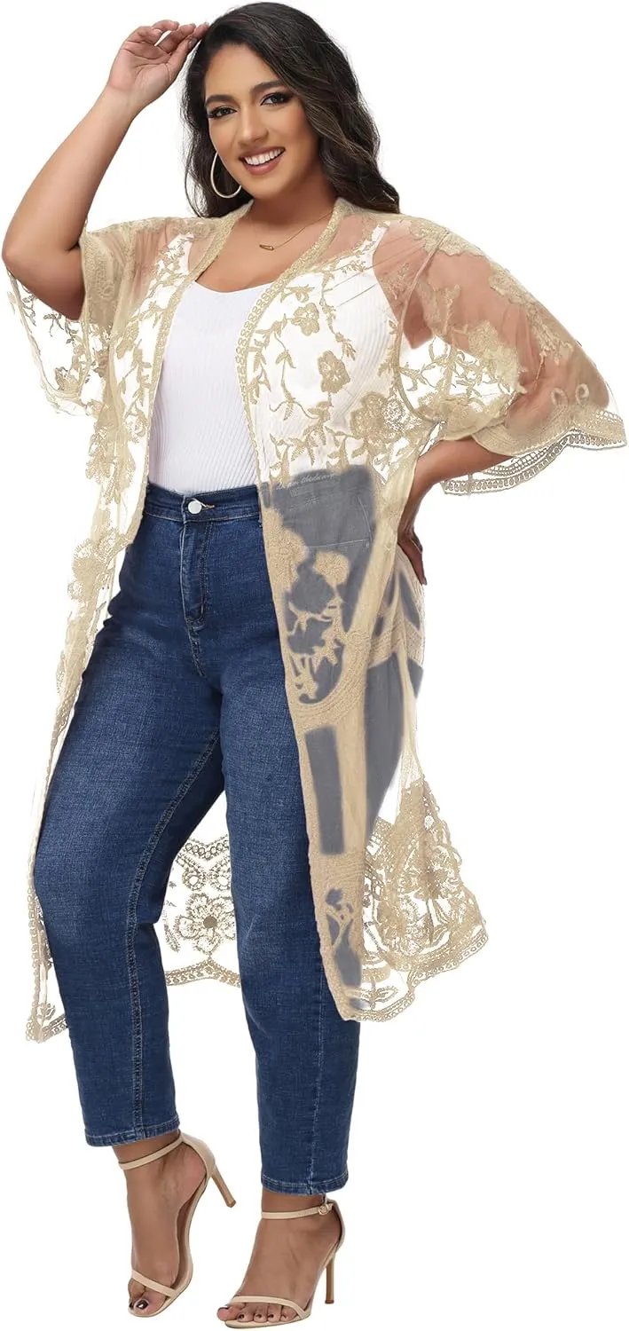 Anna-Kaci Women's Plus Size Lace Cardigan Embroidered Long Kimono Dusters with Half Sleeves