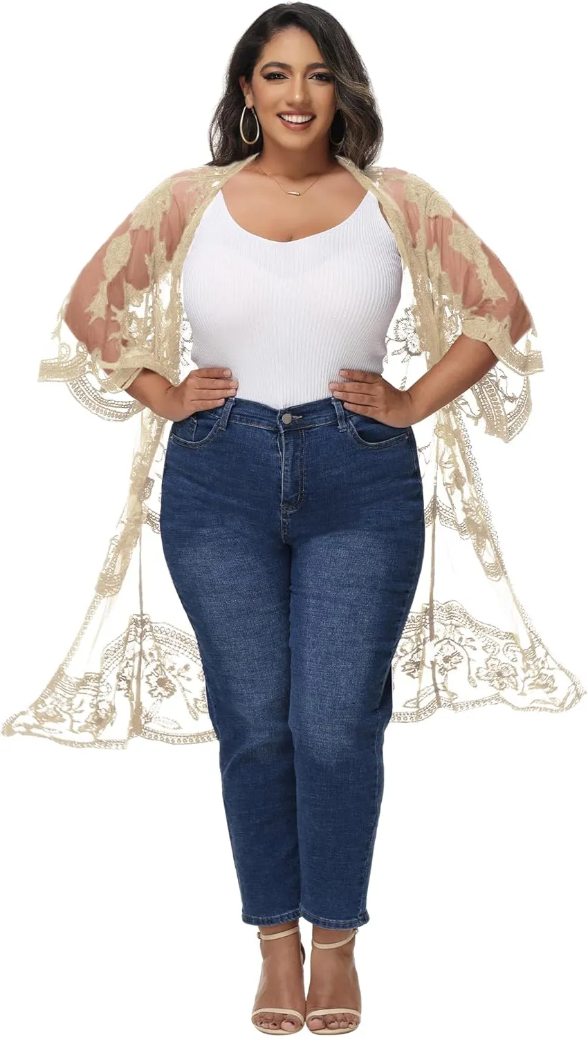 Anna-Kaci Women's Plus Size Lace Cardigan Embroidered Long Kimono Dusters with Half Sleeves