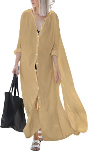 Bsubseach Womens Multicolor Print Long Chiffon Beach Blouses Cardigan Kimono Bikini Cover Up Swimwear Kaftan