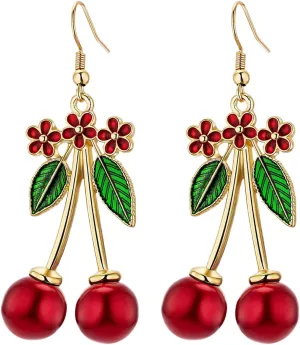 Cherry Earrings for Women Gold, Red Fruit Drop Dangle Earrings with Green Leaves, Gift for Mother's Day, Birthday, Christmas, E01R
