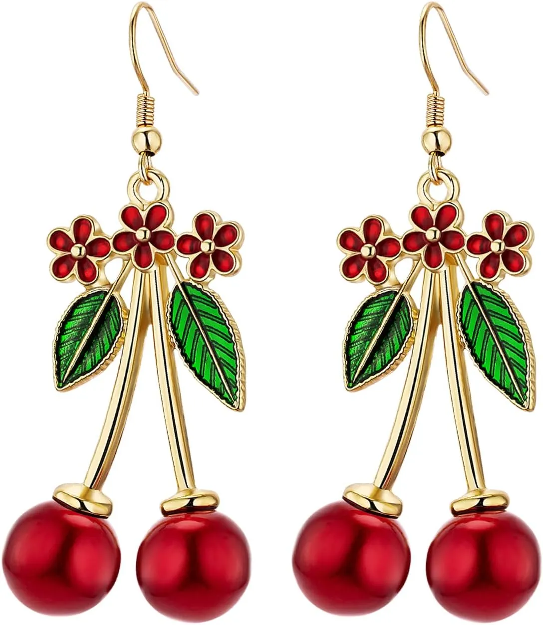 Cherry Earrings for Women Gold, Red Fruit Drop Dangle Earrings with Green Leaves, Gift for Mother's Day, Birthday, Christmas, E01R
