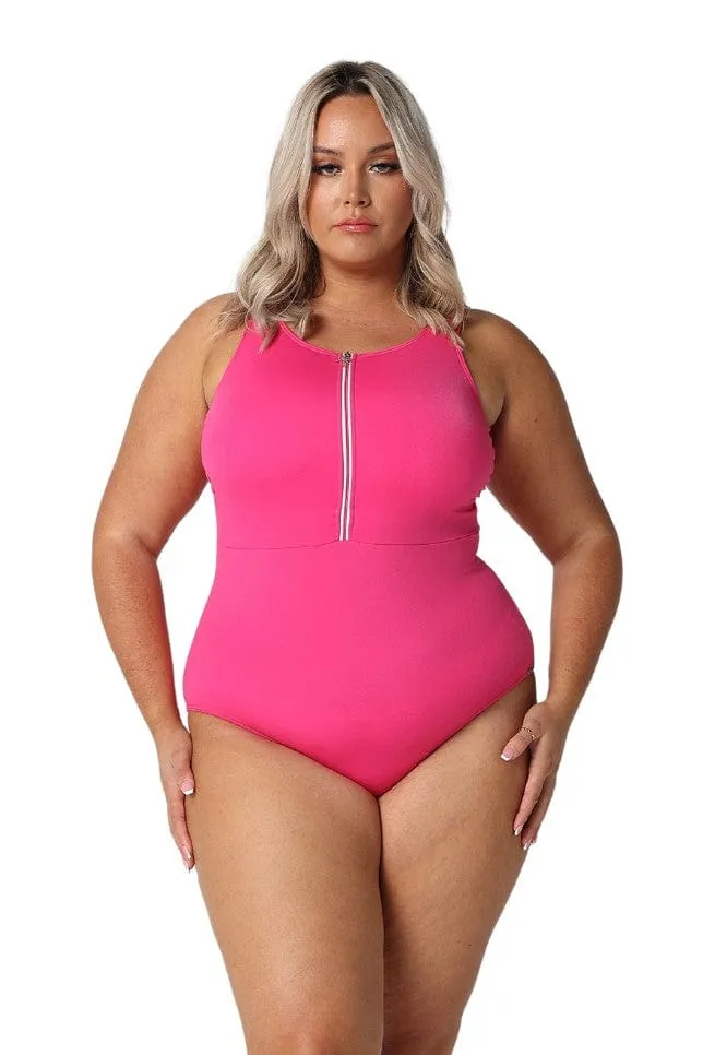 Chlorine Resistant Pink Sleeveless Zip Up One Piece