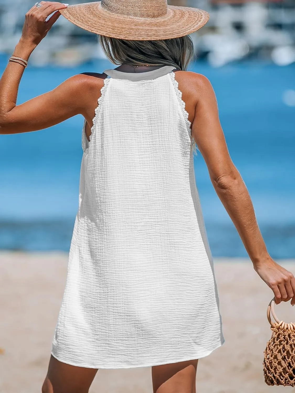 CUPSHE Women Swimsuit Coverup V Neck Sleeveless Beach Cover Ups Dress Lace Trim Vacation Outfits for 2025
