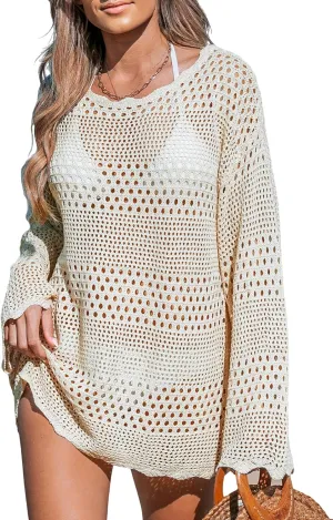 CUPSHE Women's Swimsuit Cover Up Crochet Bathing Suit Mesh Swimwear Knit Pullover Beach Dress