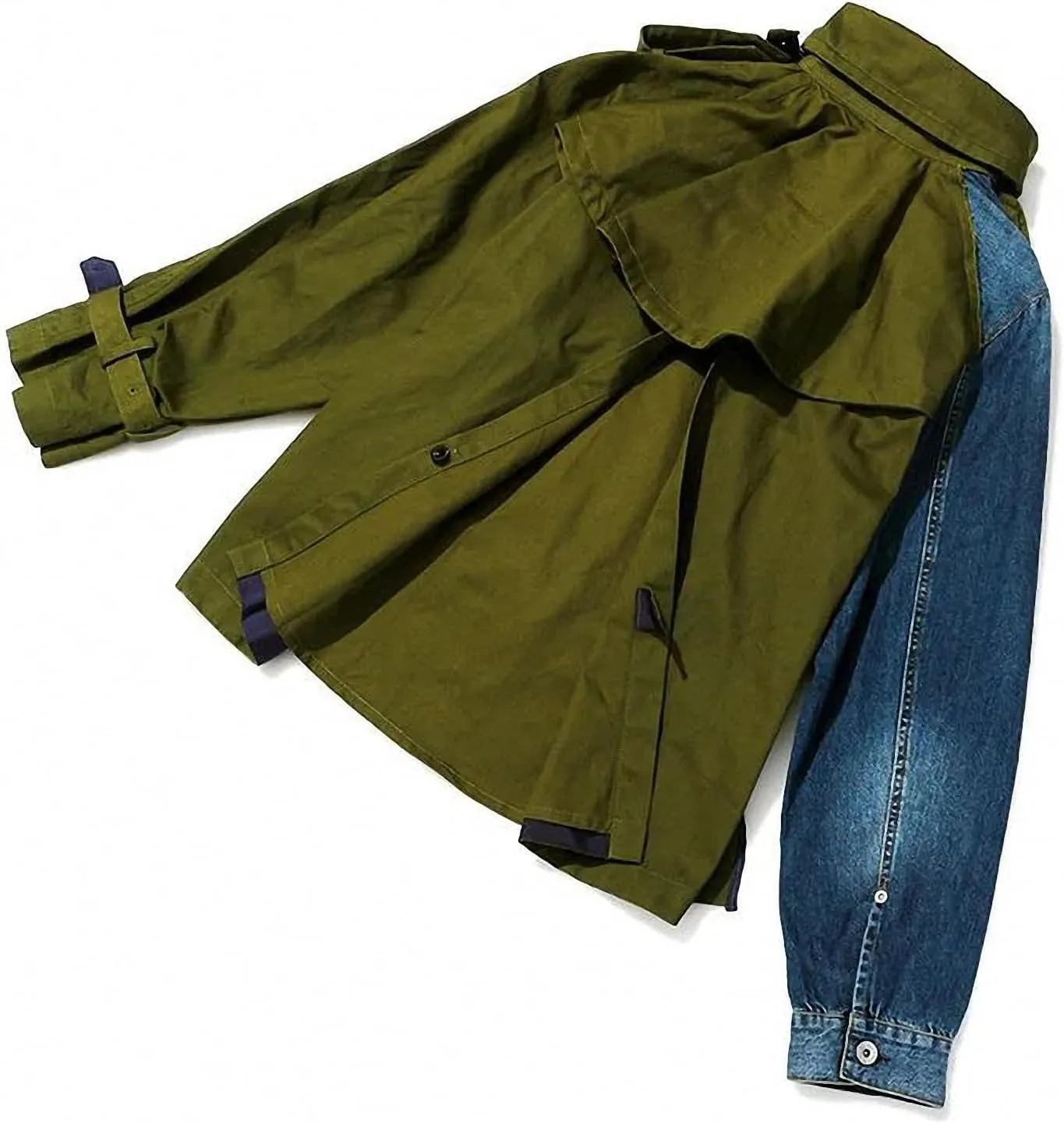 Dawery Army Green Denim Color-Block Jacket Loose Fit Lapel Long Sleeve Women Coat Spring Autumn Colour