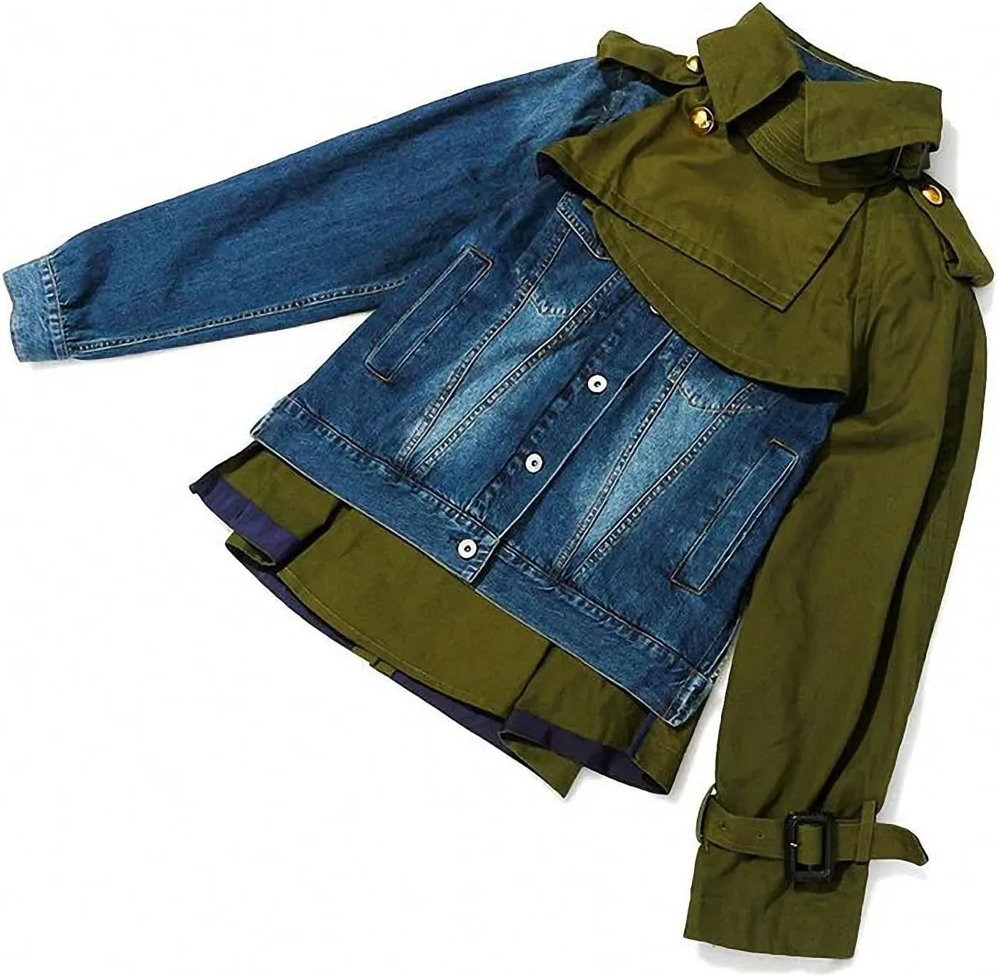 Dawery Army Green Denim Color-Block Jacket Loose Fit Lapel Long Sleeve Women Coat Spring Autumn Colour