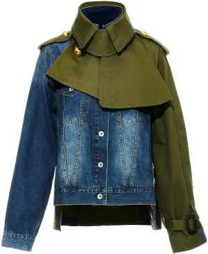 Dawery Army Green Denim Color-Block Jacket Loose Fit Lapel Long Sleeve Women Coat Spring Autumn Colour
