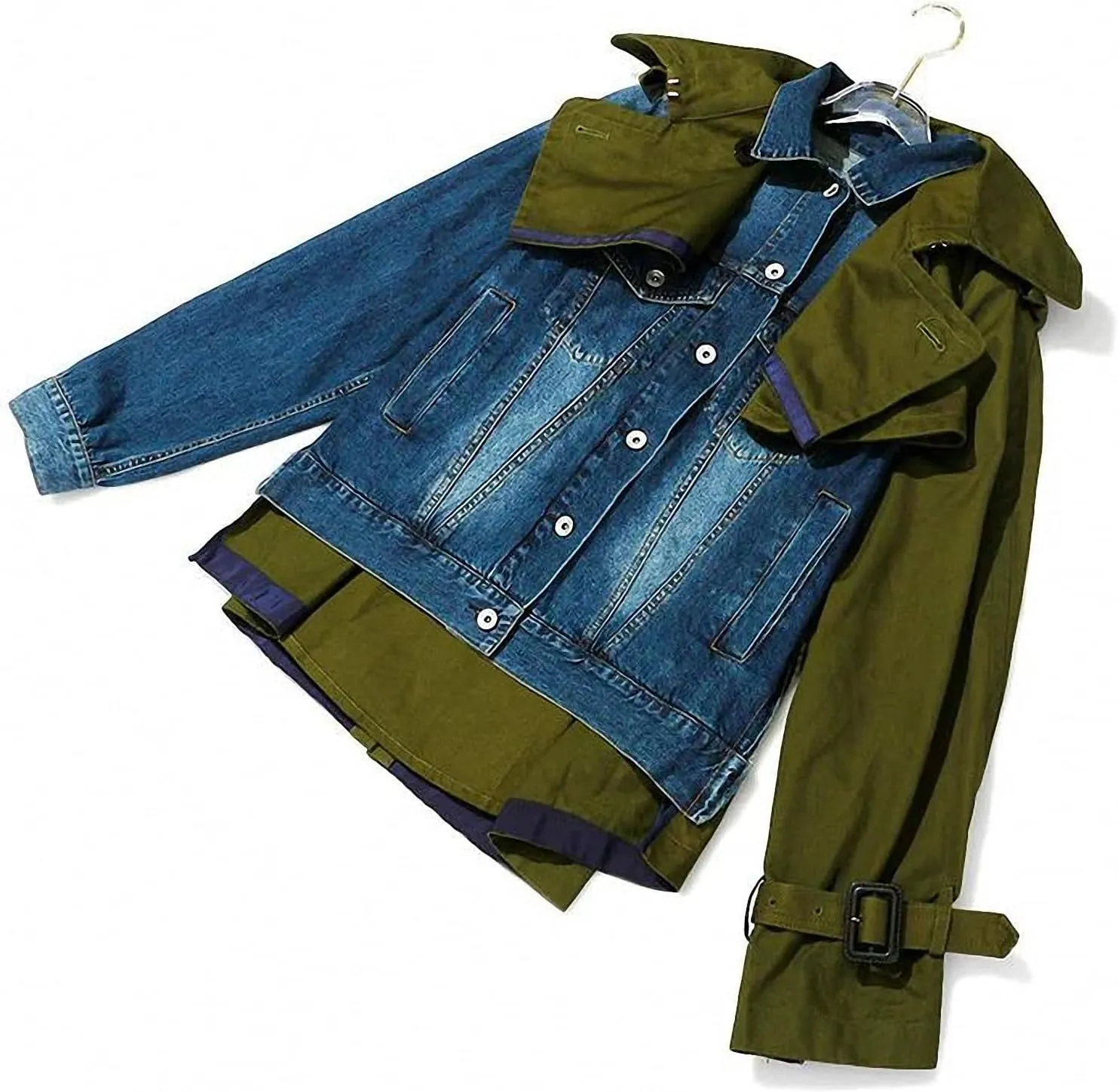Dawery Army Green Denim Color-Block Jacket Loose Fit Lapel Long Sleeve Women Coat Spring Autumn Colour