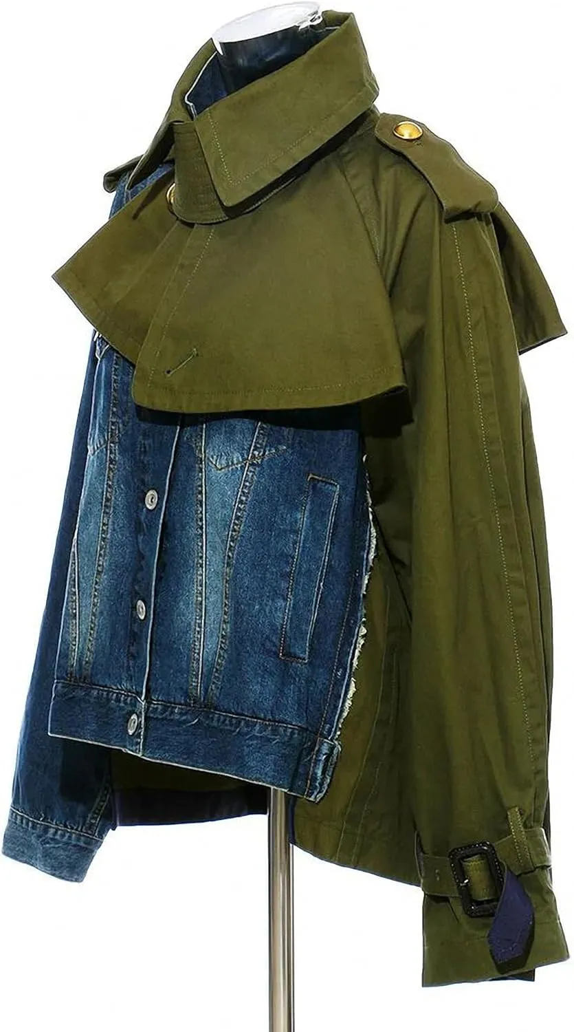 Dawery Army Green Denim Color-Block Jacket Loose Fit Lapel Long Sleeve Women Coat Spring Autumn Colour