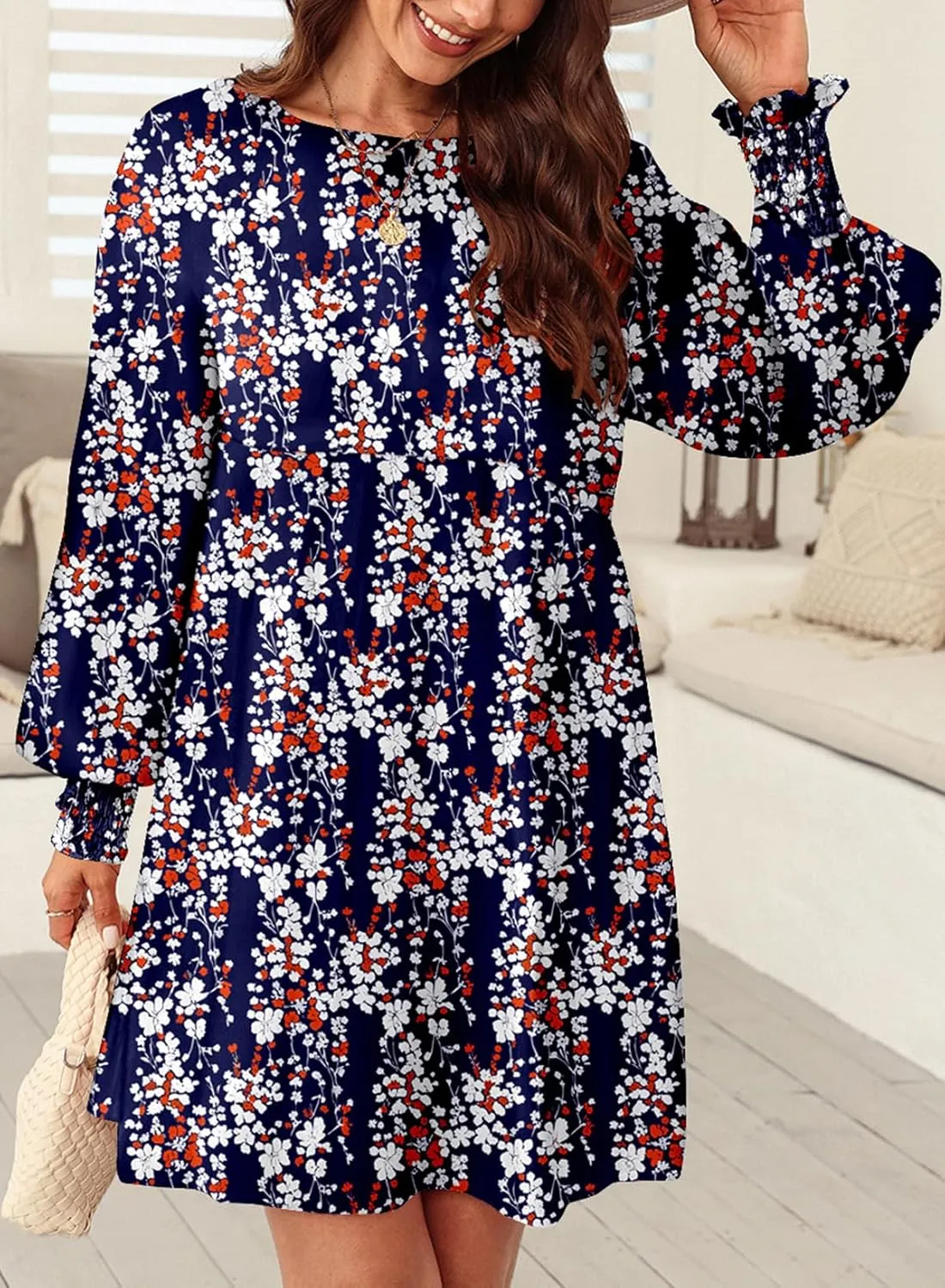 Dokotoo Womens Spring Summer Dress 2025 Long Sleeve Floral Boho Dresses Flowy Babydoll Shift Mini Dress