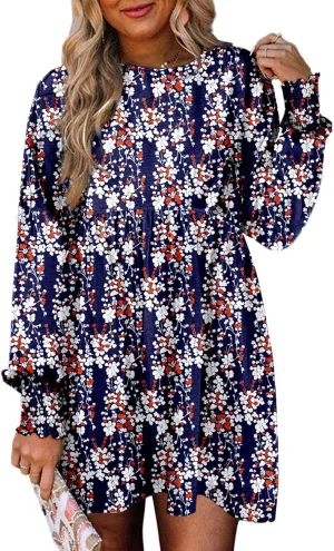 Dokotoo Womens Spring Summer Dress 2025 Long Sleeve Floral Boho Dresses Flowy Babydoll Shift Mini Dress