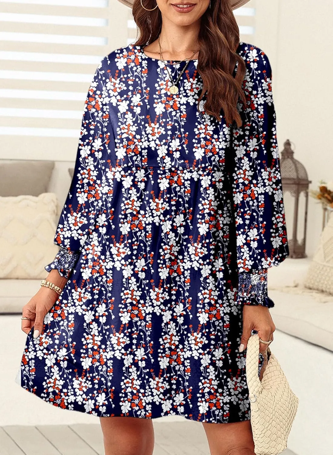 Dokotoo Womens Spring Summer Dress 2025 Long Sleeve Floral Boho Dresses Flowy Babydoll Shift Mini Dress