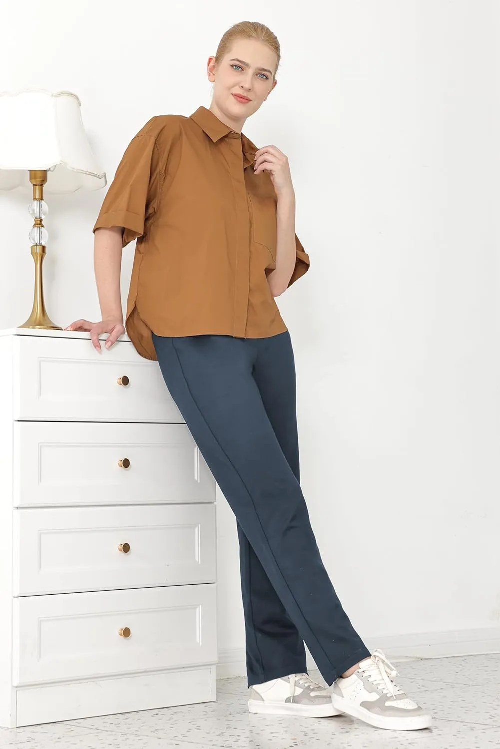 Dress Pants for Women Work Straight Pants with Pockets High Waisted Casual Business Slacks 29" Inseam Pull On Trousers