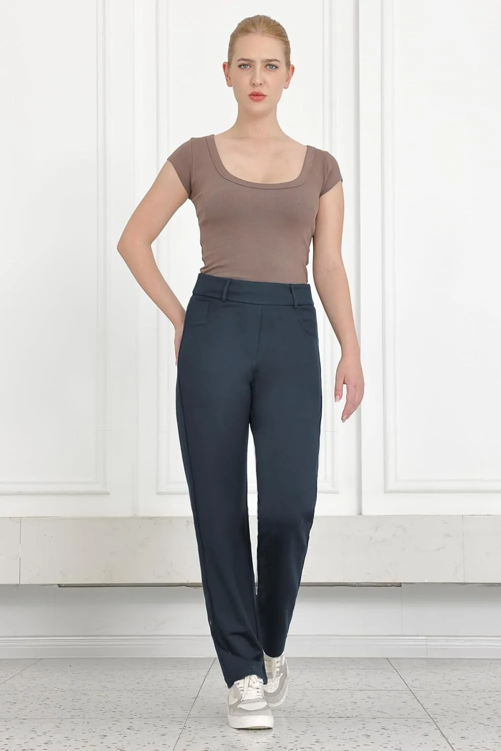 Dress Pants for Women Work Straight Pants with Pockets High Waisted Casual Business Slacks 29" Inseam Pull On Trousers