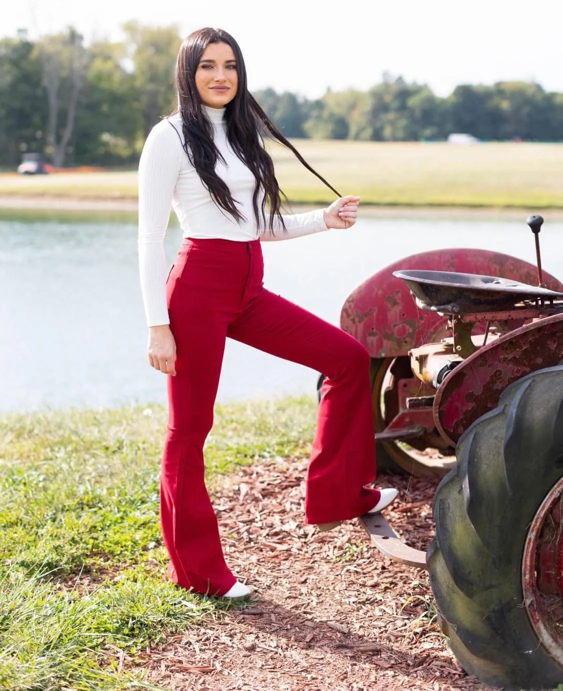 Fiona High Waisted Bell Bottom Flare Jeans - Red