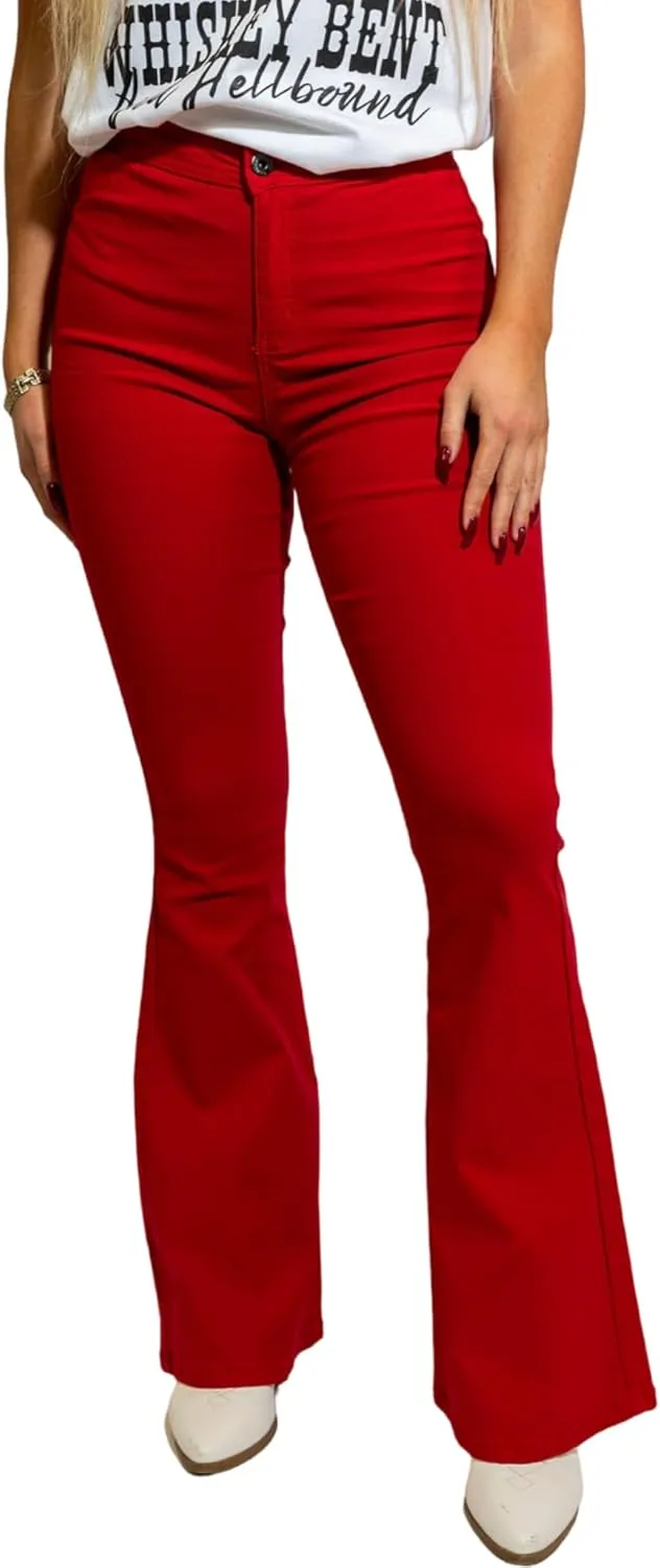 Fiona High Waisted Bell Bottom Flare Jeans - Red