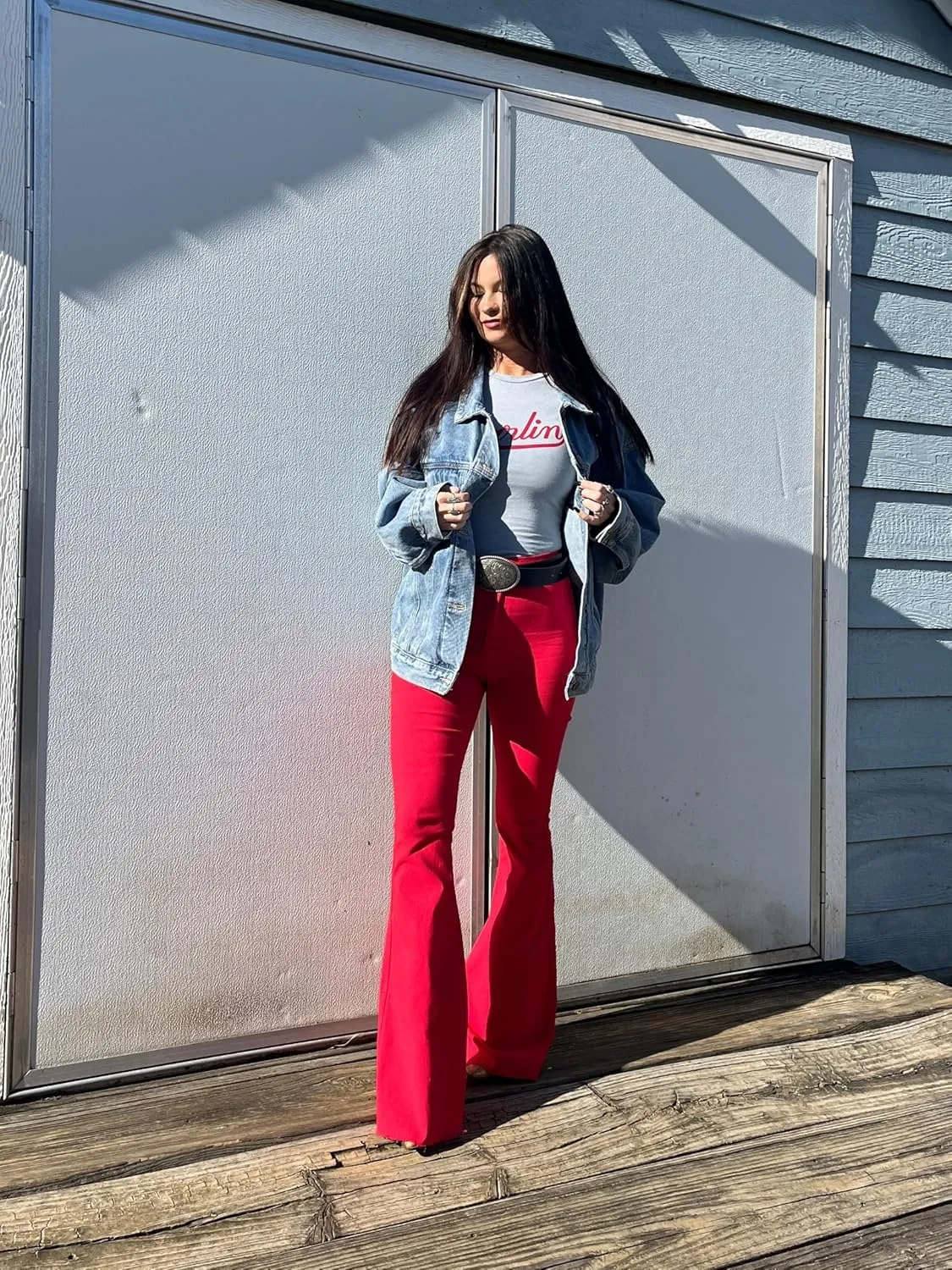 Fiona High Waisted Bell Bottom Flare Jeans - Red