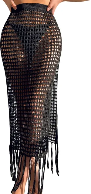GORGLITTER Women's Crochet Beach Cover Up Skirt Fringe Hem Splited Knit Maxi Skirt Swimwear