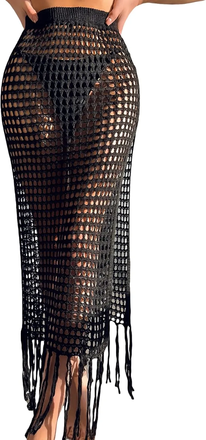 GORGLITTER Women's Crochet Beach Cover Up Skirt Fringe Hem Splited Knit Maxi Skirt Swimwear