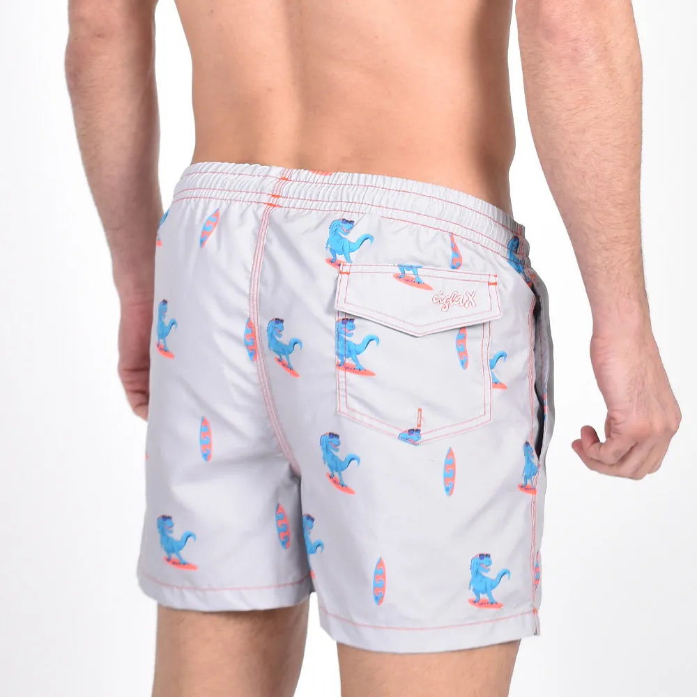 Grey Surfing T-Rex Print Swim Trunks