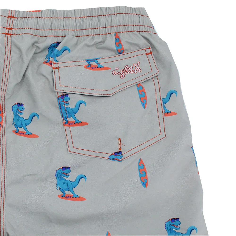 Grey Surfing T-Rex Print Swim Trunks