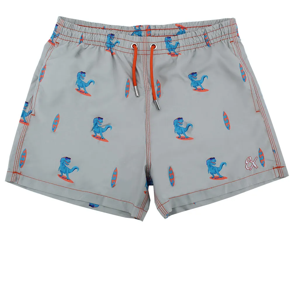 Grey Surfing T-Rex Print Swim Trunks