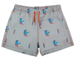 Grey Surfing T-Rex Print Swim Trunks