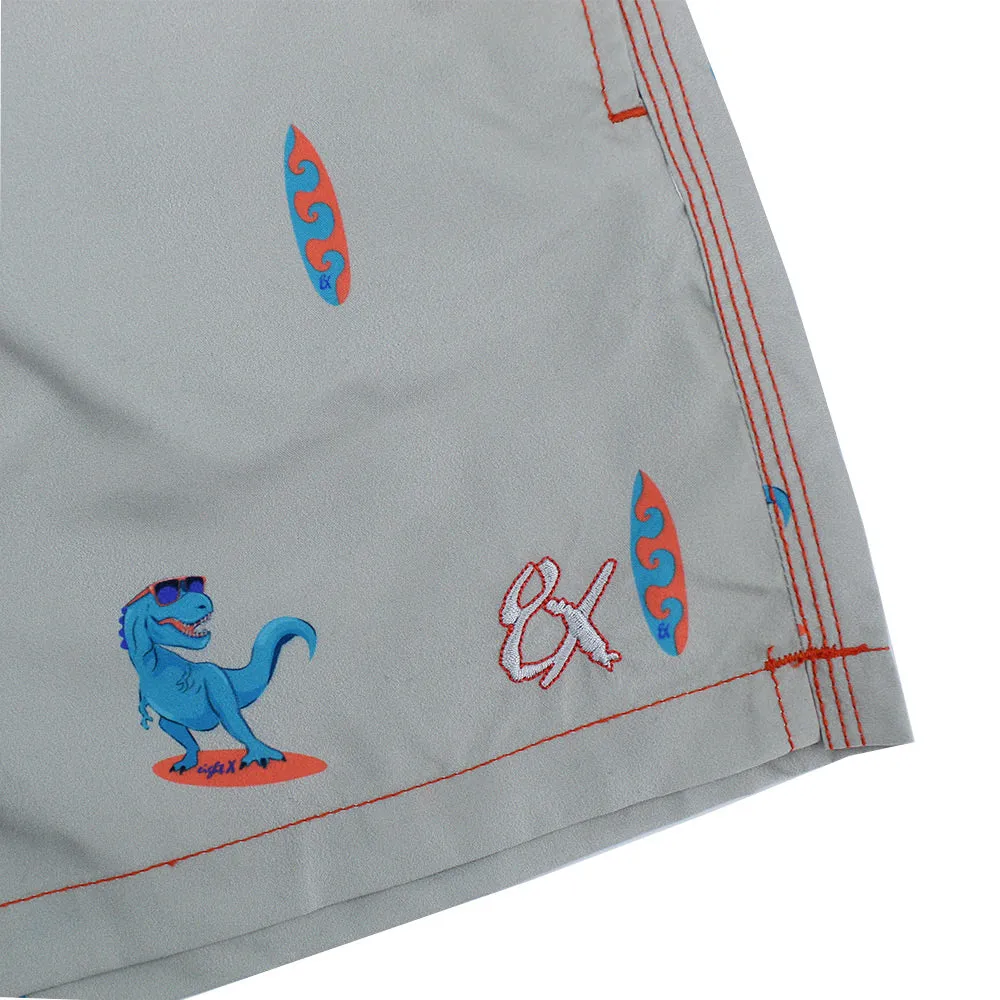 Grey Surfing T-Rex Print Swim Trunks