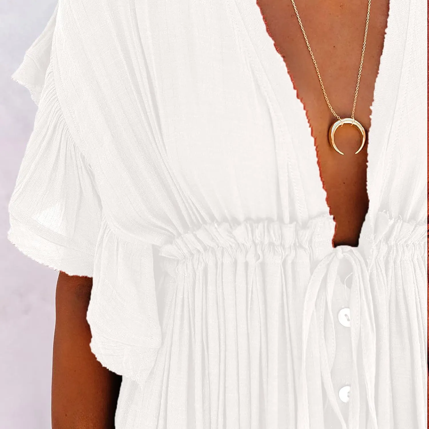 HGps8w Women's Deep V Neck Ruffle Sleeve Button Down Maxi Dresses Elastic Tie Waist Plain Beach Swimwear Coverup