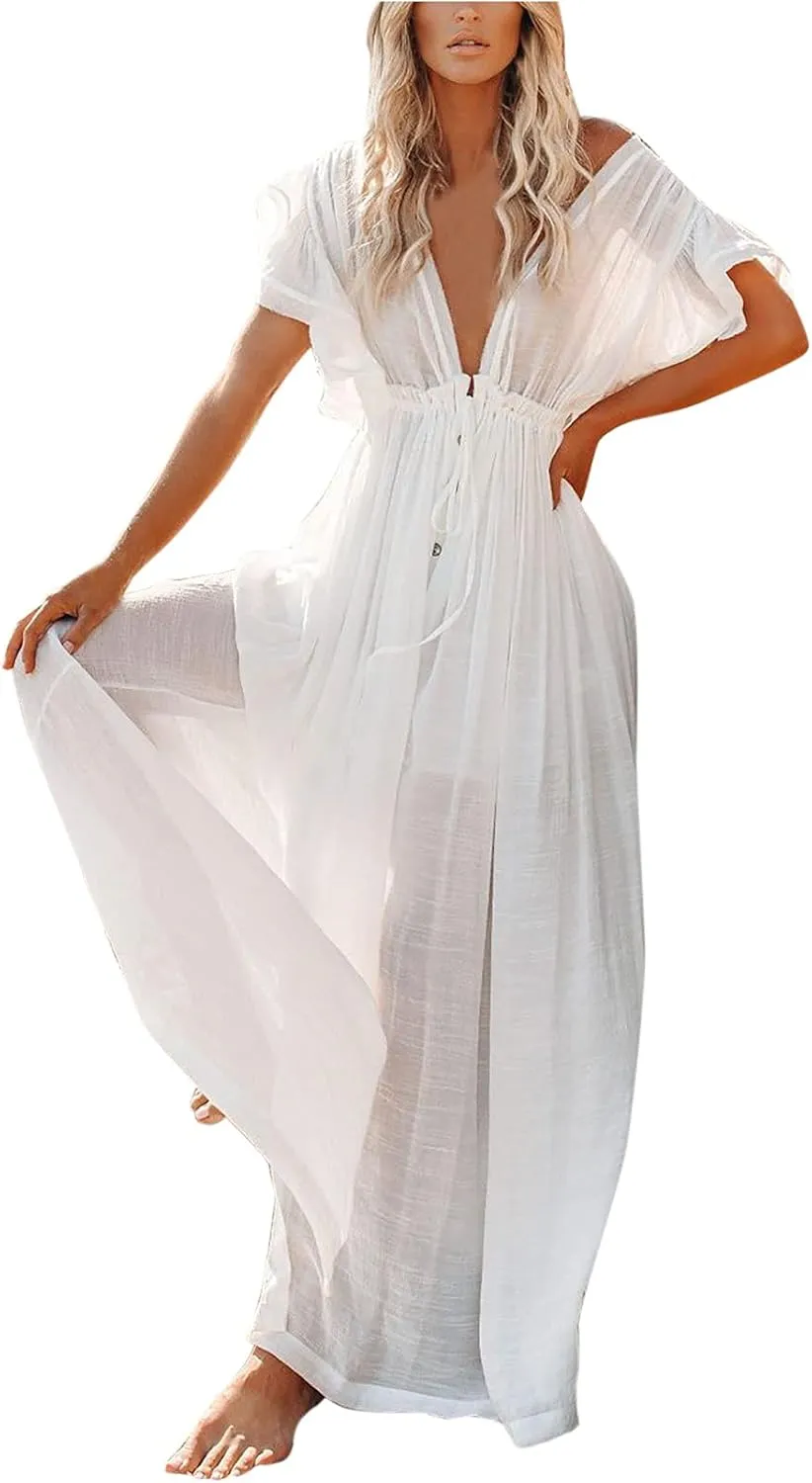 HGps8w Women's Deep V Neck Ruffle Sleeve Button Down Maxi Dresses Elastic Tie Waist Plain Beach Swimwear Coverup