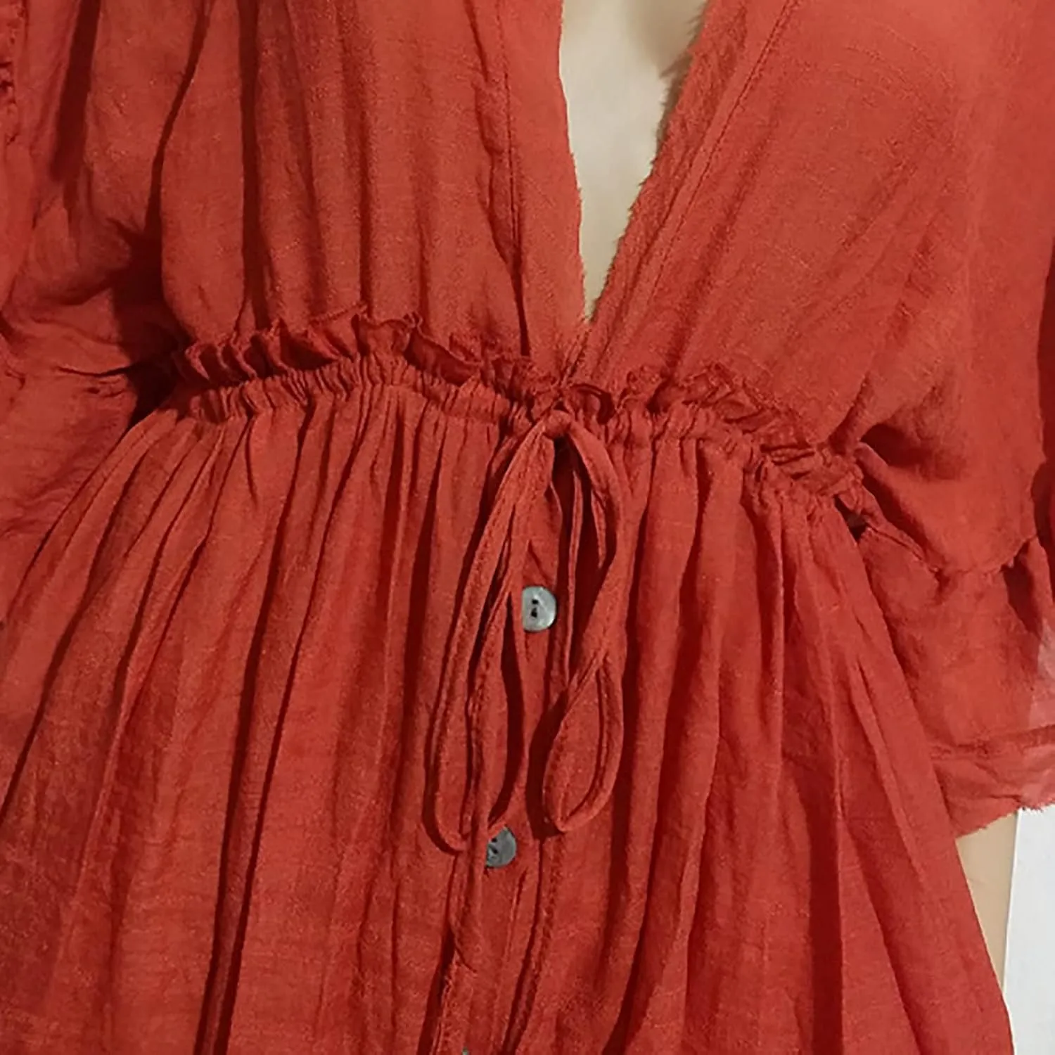 HGps8w Women's Deep V Neck Ruffle Sleeve Button Down Maxi Dresses Elastic Tie Waist Plain Beach Swimwear Coverup
