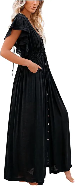 HGps8w Women's Deep V Neck Ruffle Sleeve Button Down Maxi Dresses Elastic Tie Waist Plain Beach Swimwear Coverup