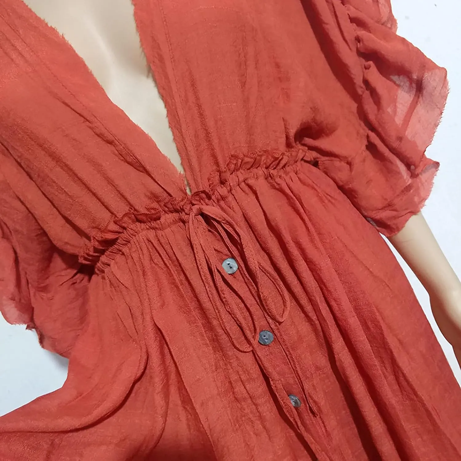 HGps8w Women's Deep V Neck Ruffle Sleeve Button Down Maxi Dresses Elastic Tie Waist Plain Beach Swimwear Coverup
