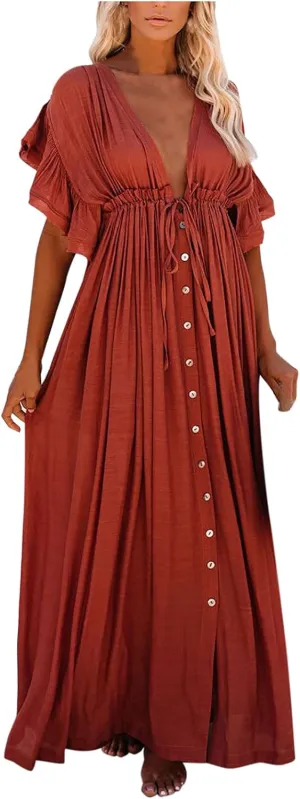 HGps8w Women's Deep V Neck Ruffle Sleeve Button Down Maxi Dresses Elastic Tie Waist Plain Beach Swimwear Coverup
