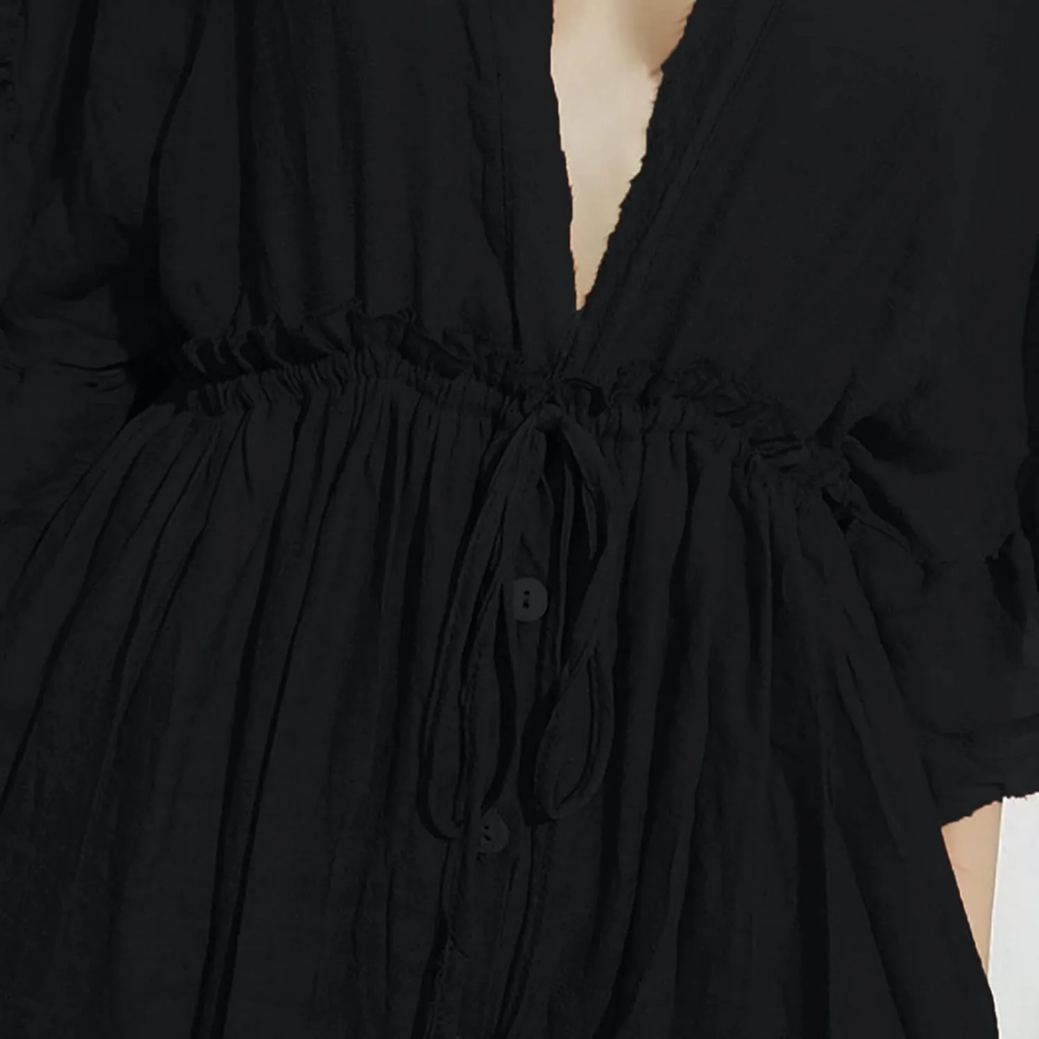 HGps8w Women's Deep V Neck Ruffle Sleeve Button Down Maxi Dresses Elastic Tie Waist Plain Beach Swimwear Coverup