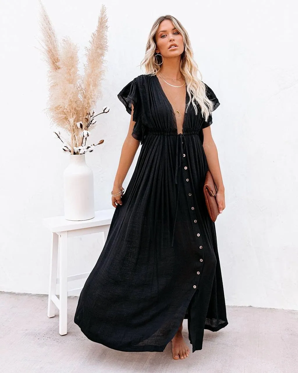 HGps8w Women's Deep V Neck Ruffle Sleeve Button Down Maxi Dresses Elastic Tie Waist Plain Beach Swimwear Coverup
